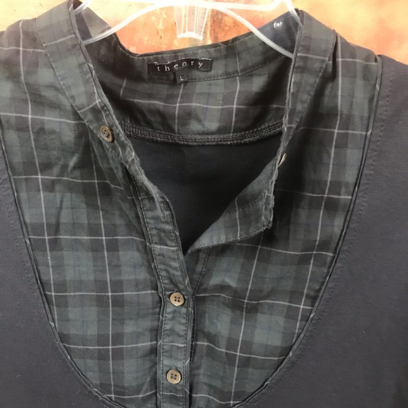 Theory A-Line Stretch Shirt Dress Plaid Mixed Fabric Button Down Fit Flare Midi - Picture 3 of 16